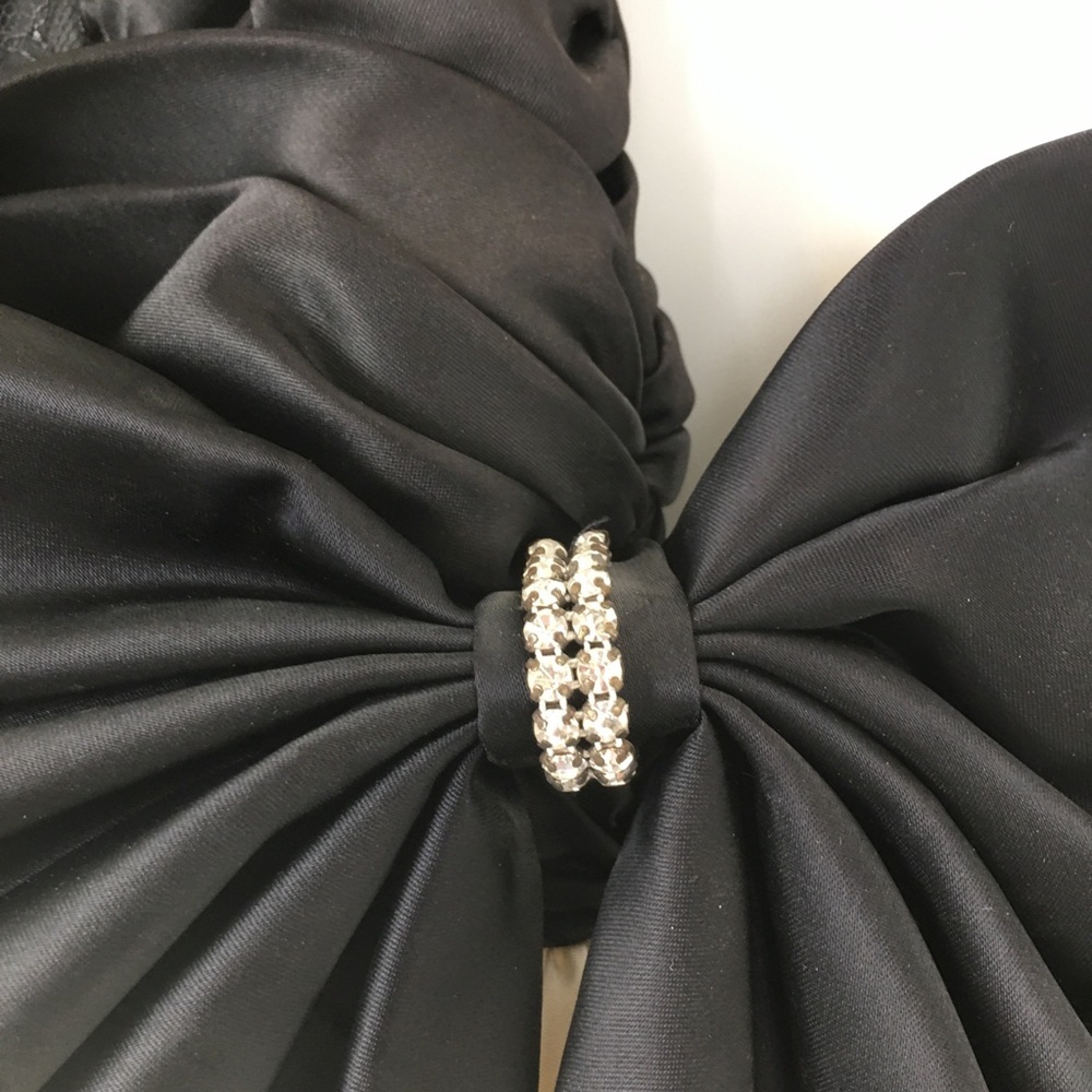 Vintage 80’s Satin Prom Dress Strapless Black Smocked Lace Bodice White Shirt - Picture 5 of 12